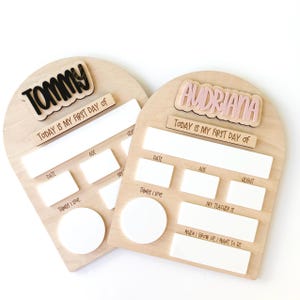 Interchangeable and reusable first/last day of school sign.  Features magnetic interchangeable names in your choice of color, velcro first/last day of school pieces and white dry erase areas to fill in milestones!