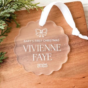 Personalized Frosted Acrylic Baby’s First Christmas Ornament – Scalloped Edge, Bow Design, Custom Name & Year