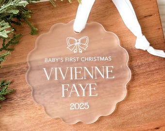 Personalized Frosted Acrylic Baby’s First Christmas Ornament – Scalloped Edge, Bow Design, Custom Name & Year