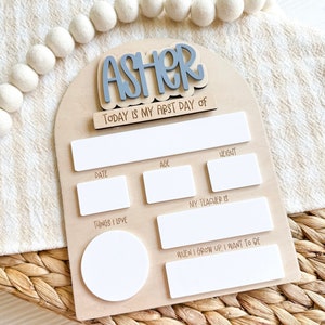 Interchangeable and reusable first/last day of school sign.  Features magnetic interchangeable names in your choice of color, velcro first/last day of school pieces and white dry erase areas to fill in milestones!