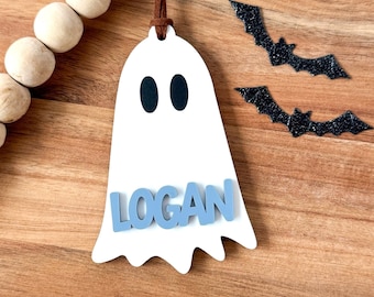 Personalized Ghost Acrylic Basket Tag: Custom Halloween Name Tag for Kids