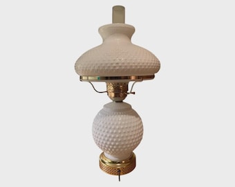 Large Vintage White Hobnail Milk Glass Lamp with Fluted Base & Gold Accents – Mid Century Cottage Chic Bedside Table Light