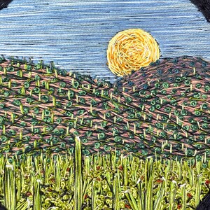Moonrise Over South Mountain Embroidered Landscape Gift for Desert Lover Fiber Art Saguaro Cactus Art Desert Threadpainting