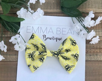 Bee Print Fabric Hair Bow Clip: Yellow Honeycomb Design