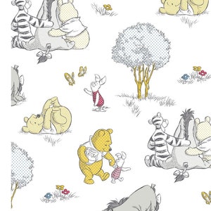 May include: A white background with a repeating pattern of Winnie the Pooh and his friends. The characters are drawn in a cartoon style and include Winnie the Pooh, Piglet, Tigger, Eeyore, and Rabbit. The characters are all smiling and appear to be having fun.