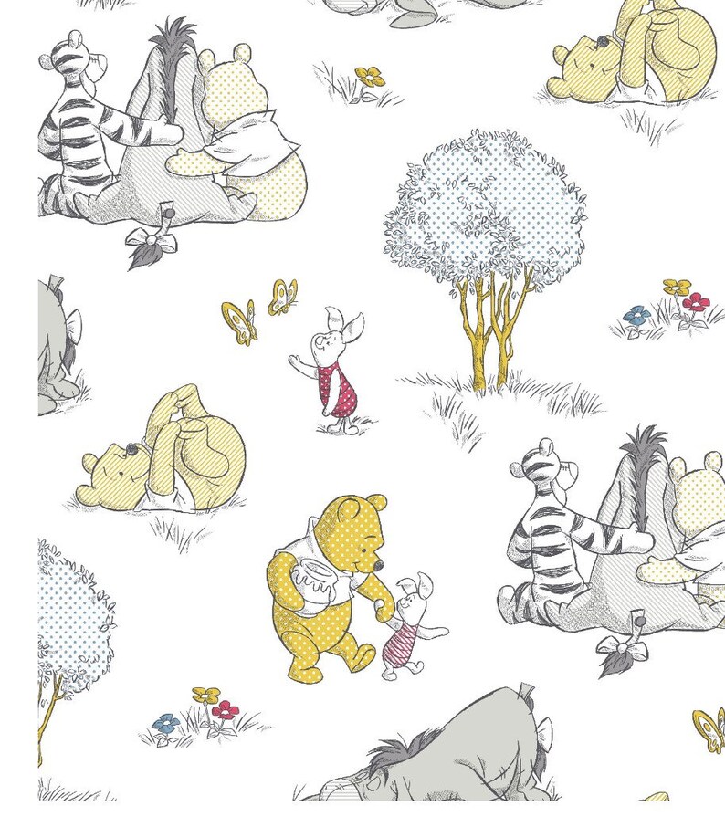 May include: A white background with a repeating pattern of Winnie the Pooh and his friends. The characters are drawn in a cartoon style and include Winnie the Pooh, Piglet, Tigger, Eeyore, and Rabbit. The characters are all smiling and appear to be having fun.