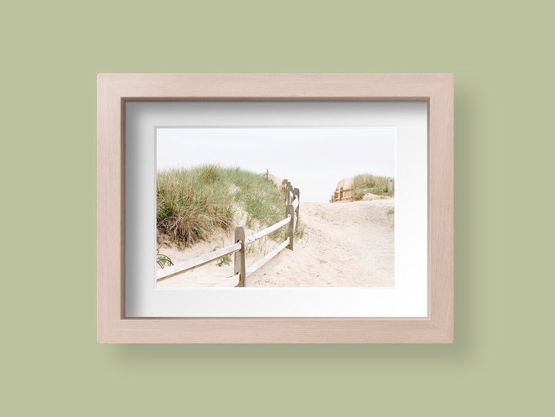 May include: A wooden fence leads to a sandy path through tall grass dunes. The path leads to a beach with a cloudy sky.