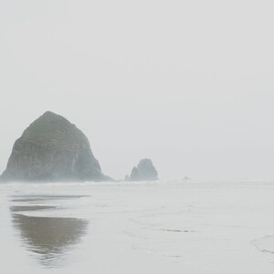 May include: A large rock formation, known as Haystack Rock, rises from the ocean in a misty, foggy setting. The rock is covered in green vegetation and is surrounded by whitecaps.