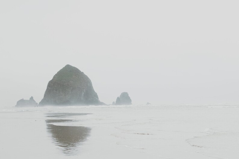 May include: A large rock formation, known as Haystack Rock, rises from the ocean in a misty, foggy setting. The rock is covered in green vegetation and is surrounded by whitecaps.
