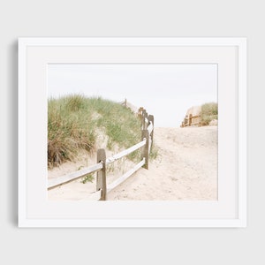 May include: A wooden fence leads up a sandy path through tall grass to a beach.