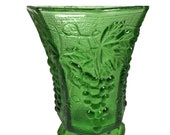 Anchor Hocking, Green Glass Pedestal Grape Pattern Flower Vase, Decor
