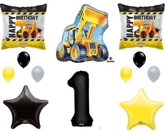 12 Piece CONSTRUCTION 1st Birthday party Balloons Supplies Boy Bulldozer Dump Truck  Decoration