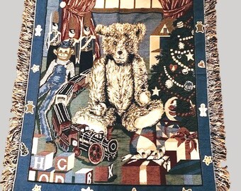 Vintage Teddy Bear Train Christmas Tapestry Throw Tree Presents Size 50" x 40"