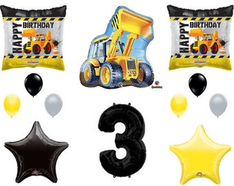 12 Piece CONSTRUCTION 3rd Birthday party Balloons Supplies Boy Bulldozer Dump Truck  Decoration