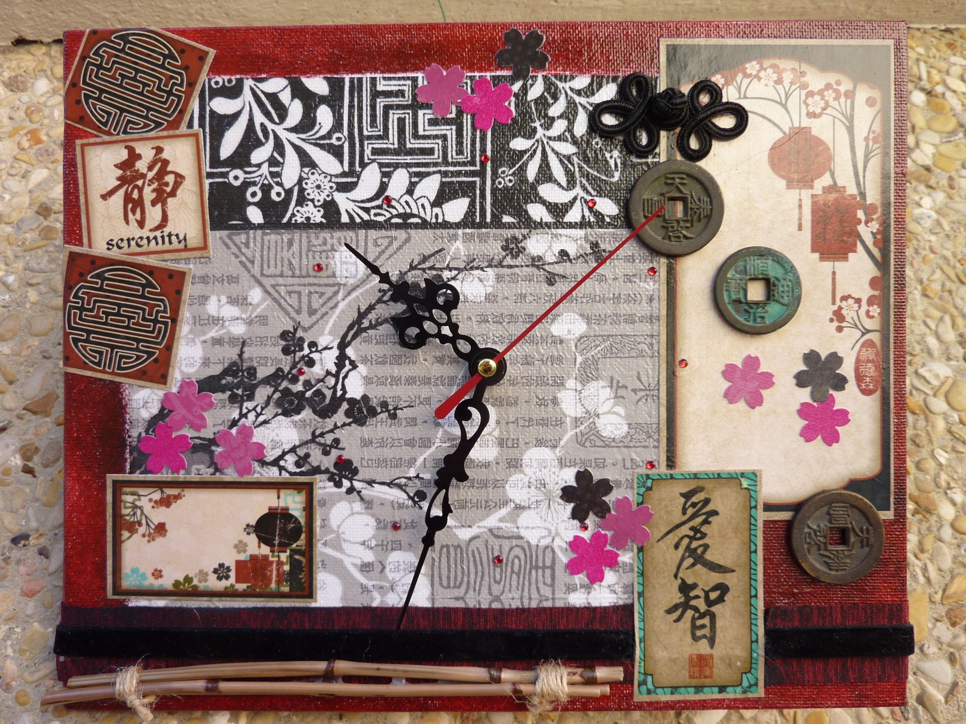 Horloge Murale Thème Japon, Zen avec Véritables Pièces Anciennes