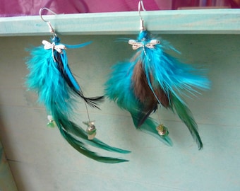 Dragonfly and turquoise feather earrings