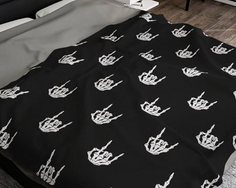 Skeleton Rock On Hand Plush Throw Blanket: Halloween Home Decor