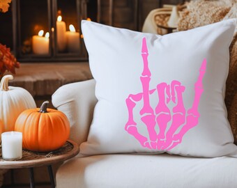 Pink Skeleton Hand Rock On Pillow: Gothic Halloween Decor