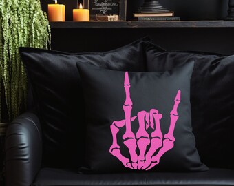 Pink Skeleton Hand Rock On Pillow: Gothic Halloween Decor
