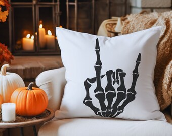 Skeleton Hand Rock On Pillow: Gothic Halloween Decor