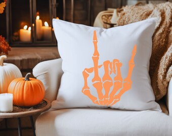 Orange Skeleton Hand Rock On Pillow - Gothic Halloween Decor