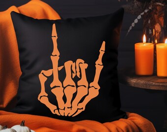 Orange Skeleton Hand Rock On Pillow: Gothic Halloween Decor