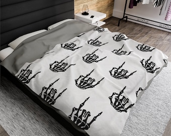 Skeleton Rock On Hand Plush Throw Blanket - Halloween Home Decor