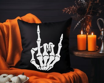 Skeleton Hand Rock On Pillow: Gothic Halloween Home Decor