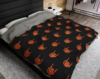 Skeleton Rock On Hand Plush Throw Blanket: Halloween Home Decor