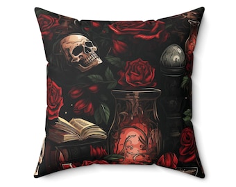 Gothic Skull & Rose Throw Pillow: Halloween Home Decor