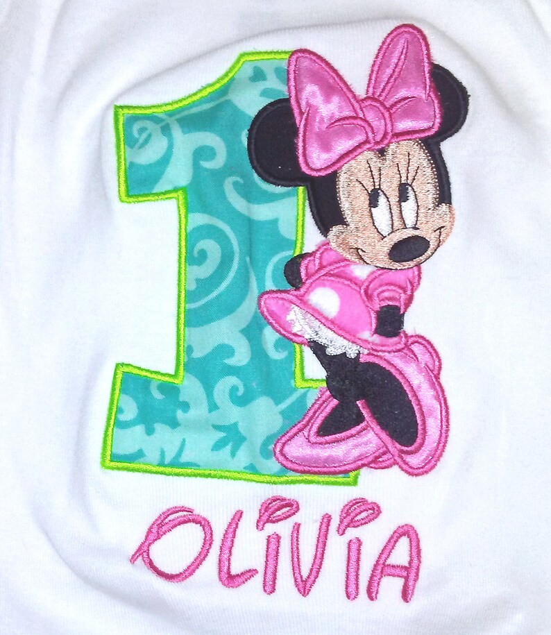 Minnie Mouse Hot Pink Green Turquoise 1st Birthday Outfit Onesie Tutu FREE Hair Bow Personalized Baby Toddler Girls Birthday Tutu Outfit