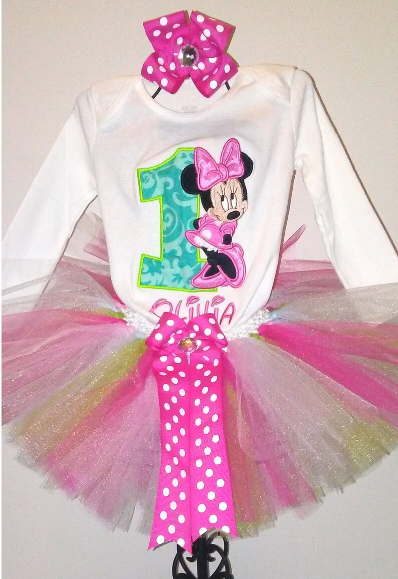 Minnie Mouse Hot Pink Green Turquoise 1st Birthday Outfit Onesie Tutu FREE Hair Bow Personalized Baby Toddler Girls Birthday Tutu Outfit