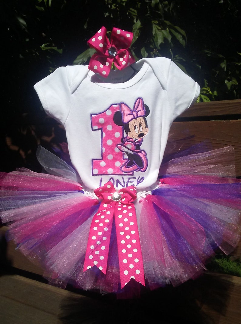 Minnie Mouse Hot Pink Purple 1st Birthday Outfit Bodysuit Tutu FREE Hair Bow Personalized Minnie Mouse Baby Toddler Little Girls Tutu Outfit