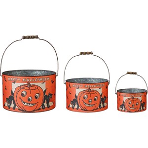 Halloween Bucket Vintage Style Pumpkin Jack-o-Lantern and Black Cats Set of 3