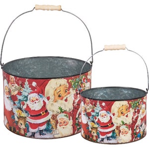 Christmas Santa Claus Bucket Vintage Style Set of 2 Reindeer Deer Metal Pail