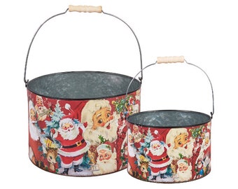 Christmas Santa Claus Bucket Vintage Style Set of 2 Reindeer Deer Metal Pail