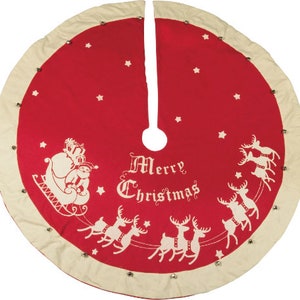 May include: Red Christmas tree skirt with a white trim and a white design of reindeer pulling a sleigh with Santa and two elves. The text "Merry Christmas" is printed in white on the skirt.