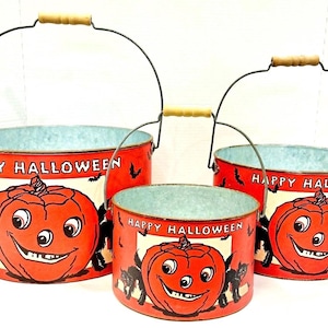 Halloween-emmer vintage stijl pompoen jack-o-lantern en zwarte katten set van 3