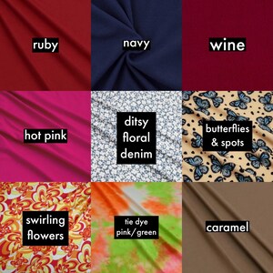 Op de afbeelding: Een collage van negen stofstalen met verschillende kleuren en patronen. De stalen omvatten robijnrood, marineblauw, wijnrood, felroze, fleurig denim, vlinders en stippen, draaiende bloemen, tie-dye roze en groen, en karamelbruin.