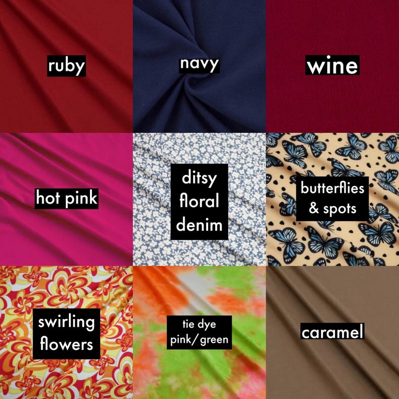 Op de afbeelding: Een collage van negen stofstalen met verschillende kleuren en patronen. De stalen omvatten robijnrood, marineblauw, wijnrood, felroze, fleurig denim, vlinders en stippen, draaiende bloemen, tie-dye roze en groen, en karamelbruin.