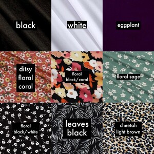 Op de afbeelding: Een collage van stofstalen die verschillende kleuren en patronen laten zien. De stalen omvatten zwart, wit, aubergine, koraalbloem, zwart en koraalbloem, saliegroenbloem, zwart en witbloem, zwarte bladeren en luipaardprint in lichtbruin.