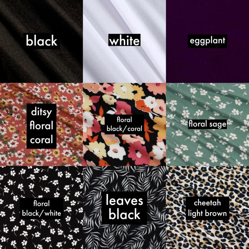Op de afbeelding: Een collage van stofstalen die verschillende kleuren en patronen laten zien. De stalen omvatten zwart, wit, aubergine, koraalbloem, zwart en koraalbloem, saliegroenbloem, zwart en witbloem, zwarte bladeren en luipaardprint in lichtbruin.