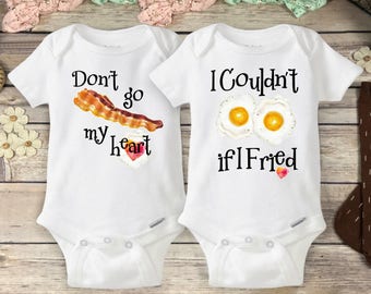 Bacon Onesie® TWINS SET Bacon and Eggs Breakfast Bacon Baby Shower Gift Southern Fried Cooking Don't Go Bacon My Heart I Couldn't If I Fried