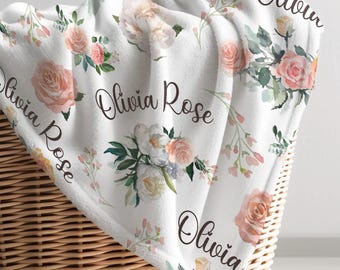 Personalized Baby Blanket with Flowers: Pink Rose Design, Custom Name Keepsake, Baby Shower Gift for Newborn
