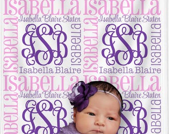 Personalized Purple and Pink Baby Blanket with Monogram: Custom Name Newborn Keepsake Gift for Girl