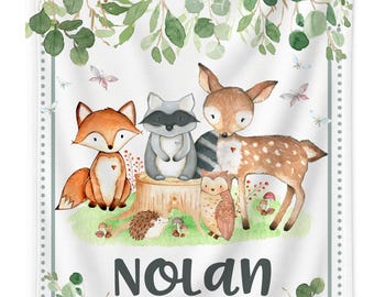Personalized Woodland Baby Boy Blanket – Forest Nursery – Custom Name Gift