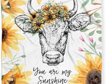 Cow and Sunflowers Baby Girl Blanket - Farm Animal Baby Shower Gift Lightweight Soft Minky Fleece With Yellow Daisy Flowers - FREE SHIPPING