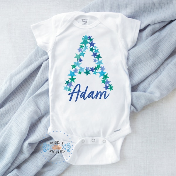 Custom Name Boy Onesie® Bodysuit - Personalized Baby Initial Shirt Blue Stars - Monogram Baby Shower Gift for Baby Boy Newborn Baby Alphabet