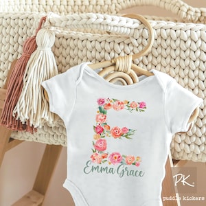Personalized Baby Girl Onesie® Bodysuit with Pink Flowers & Monogram, Custom Name, Newborn Girl Take Home Outfit