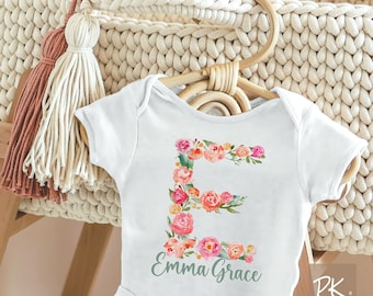 Personalized Baby Girl Onesie® Bodysuit with Pink Flowers & Monogram, Custom Name, Newborn Girl Take Home Outfit